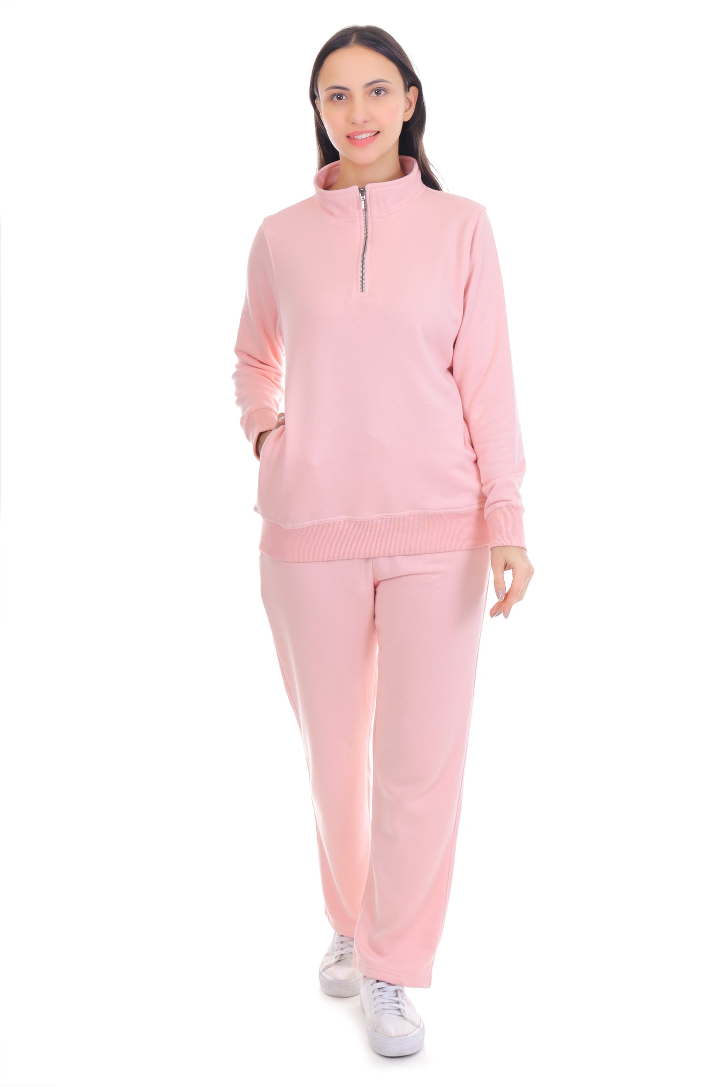 Light Pink Co-Ord Set for Women Half Zipper
