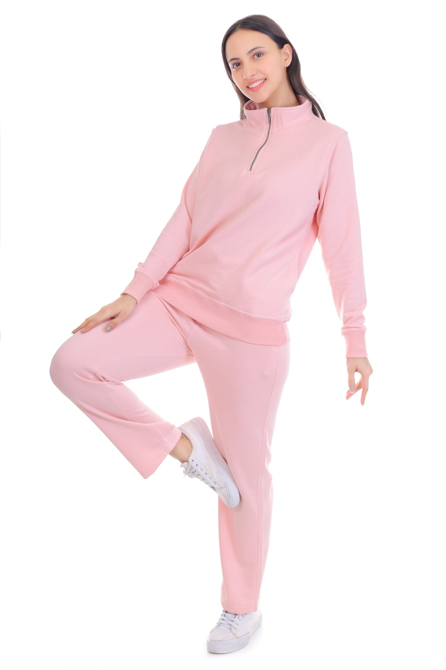 Light Pink Co-Ord Set for Women Half Zipper