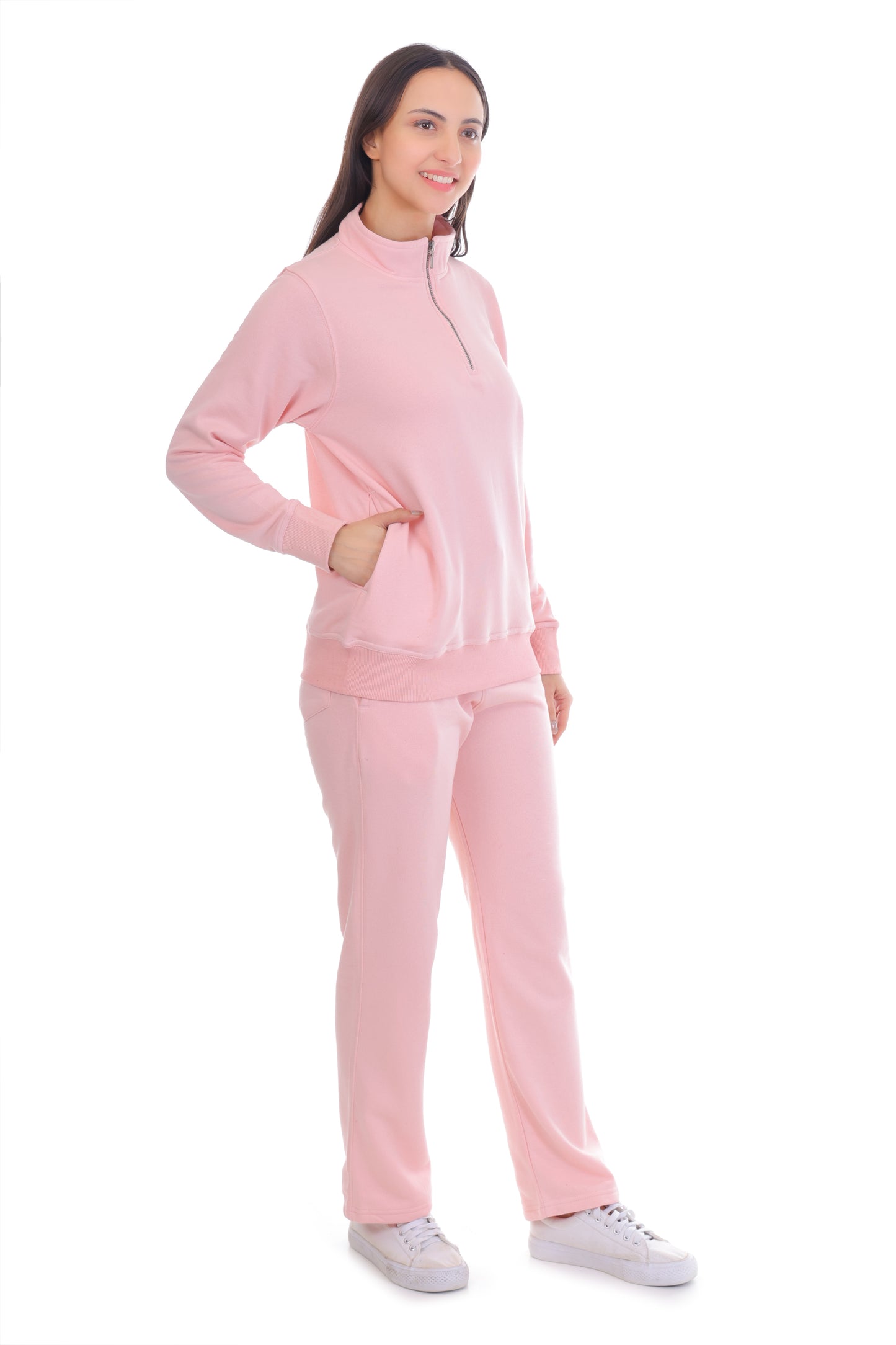 Light Pink Co-Ord Set for Women Half Zipper