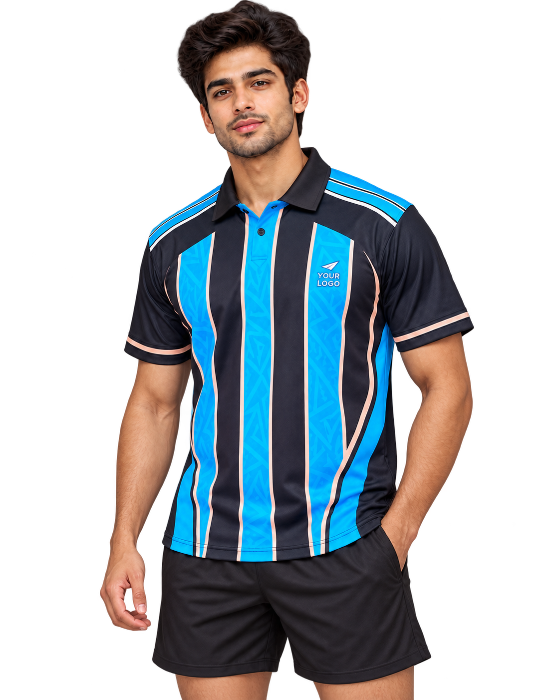 Three-quarter view of collared navy cyan jersey with black collar on model in plain black sports shorts