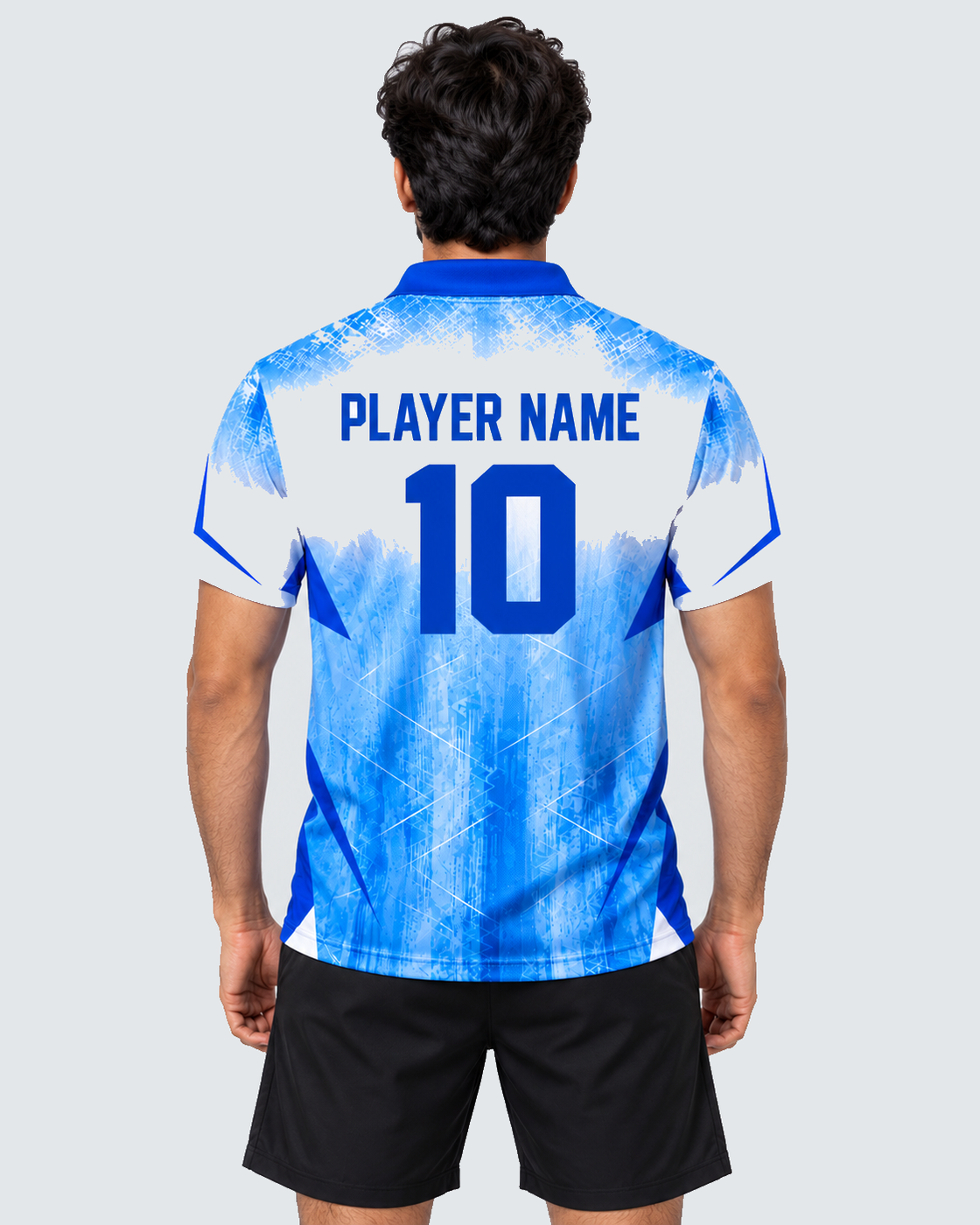 Back view of white and ice-blue sports jersey with PLAYER NAME and number 10, plain black shorts, solid #E4E7E9