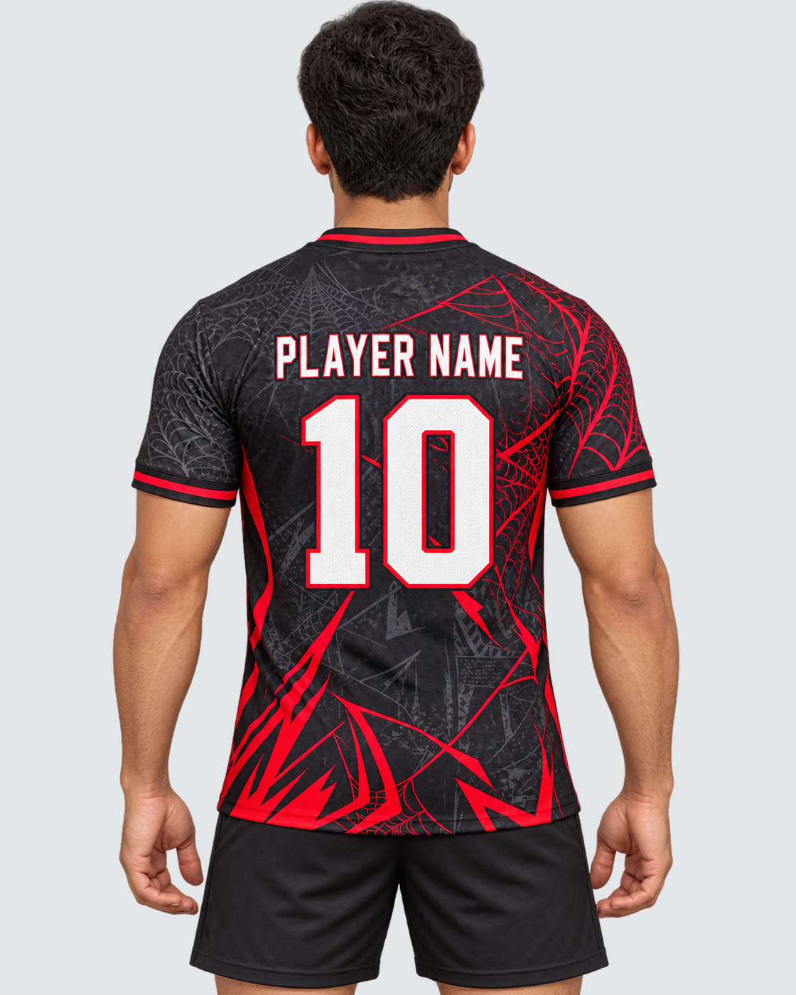 Back model view of charcoal red web-pattern V-neck sports jersey with PLAYER NAME 10 and plain black sports shorts on exact #E4E7E9 background