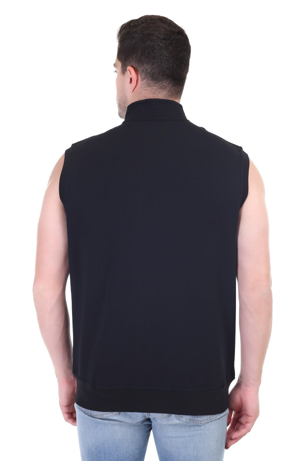 Men's Jacket Black Full Zipper Kangaroo Pockets Without Sleeves Collars