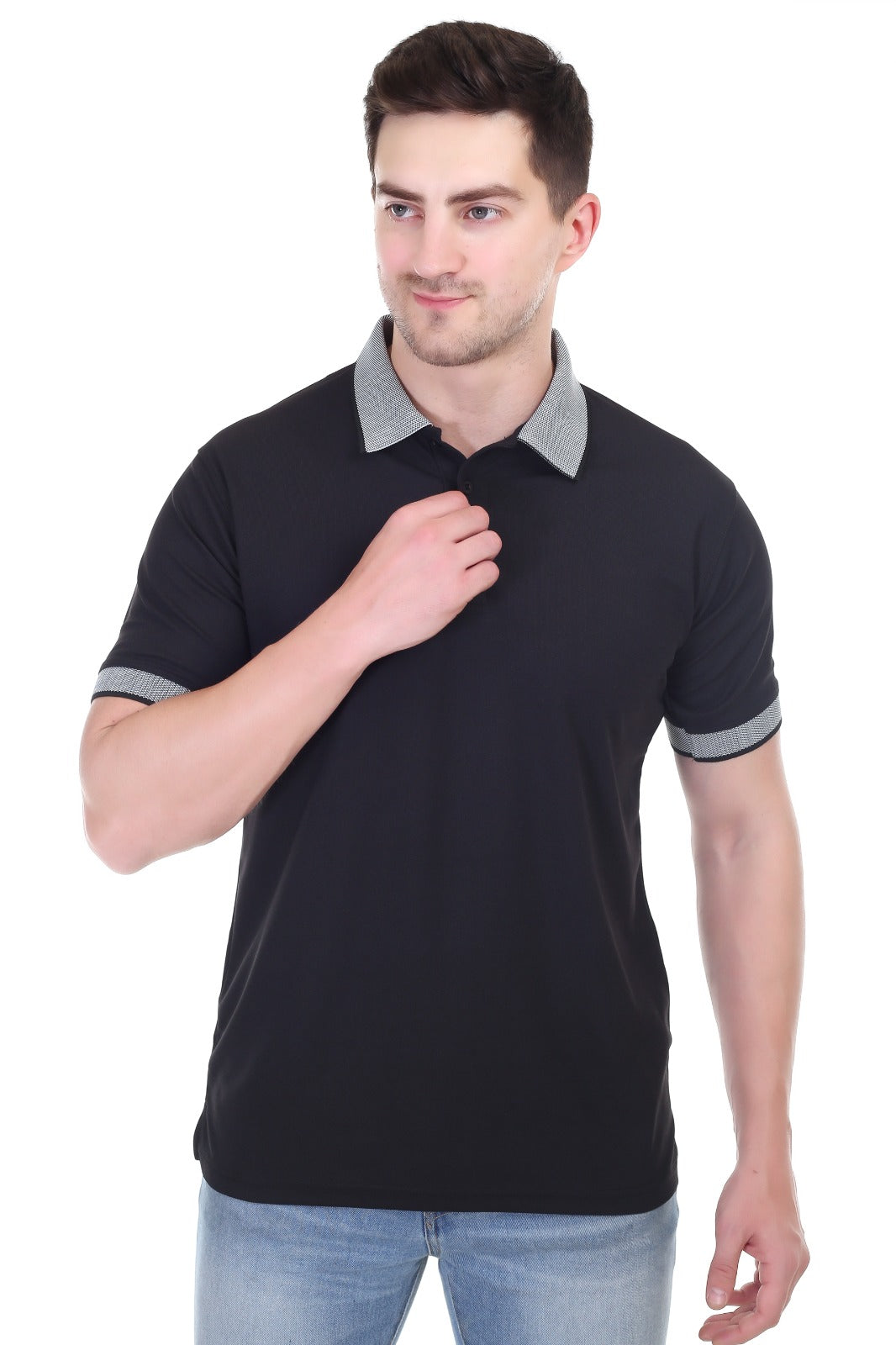 Men's Black Matty Polo T-Shirt Stretch Polyester Spandex Fabric