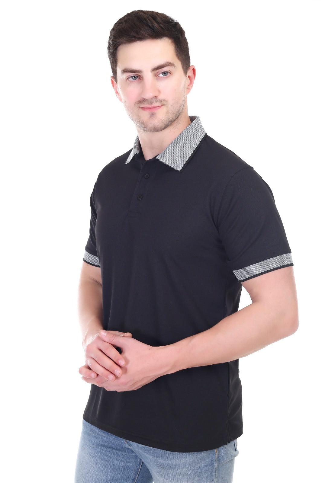 Men's Black Matty Polo T-Shirt Stretch Polyester Spandex Fabric