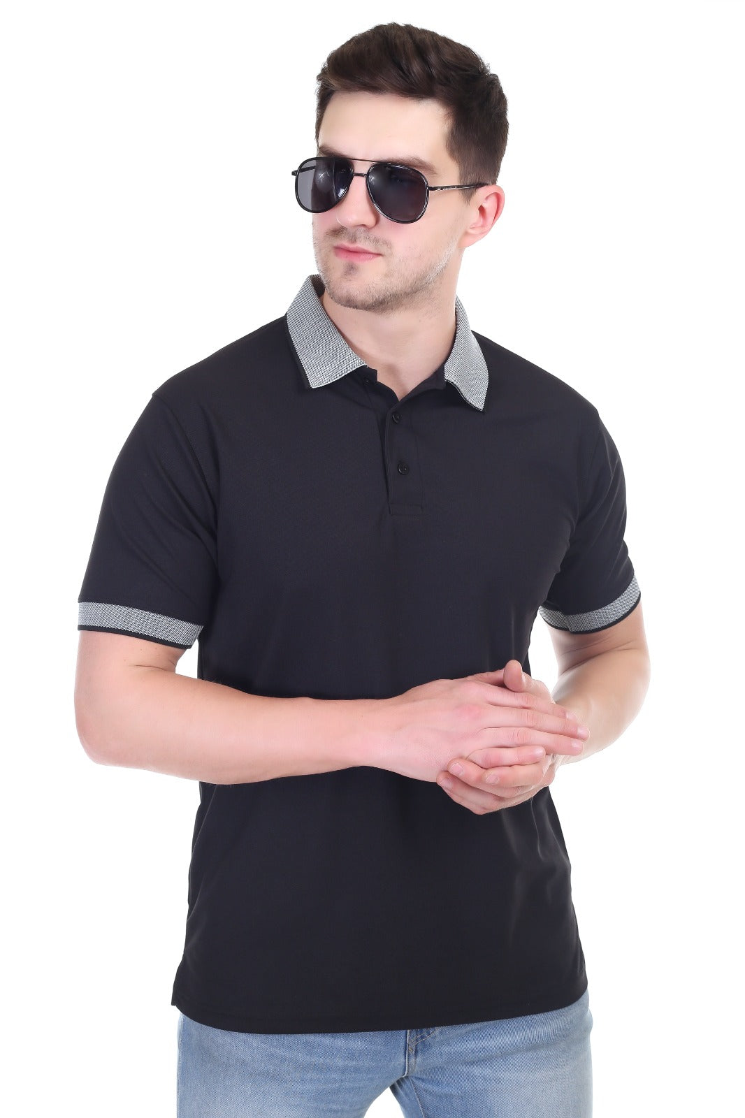 Men's Black Matty Polo T-Shirt Stretch Polyester Spandex Fabric