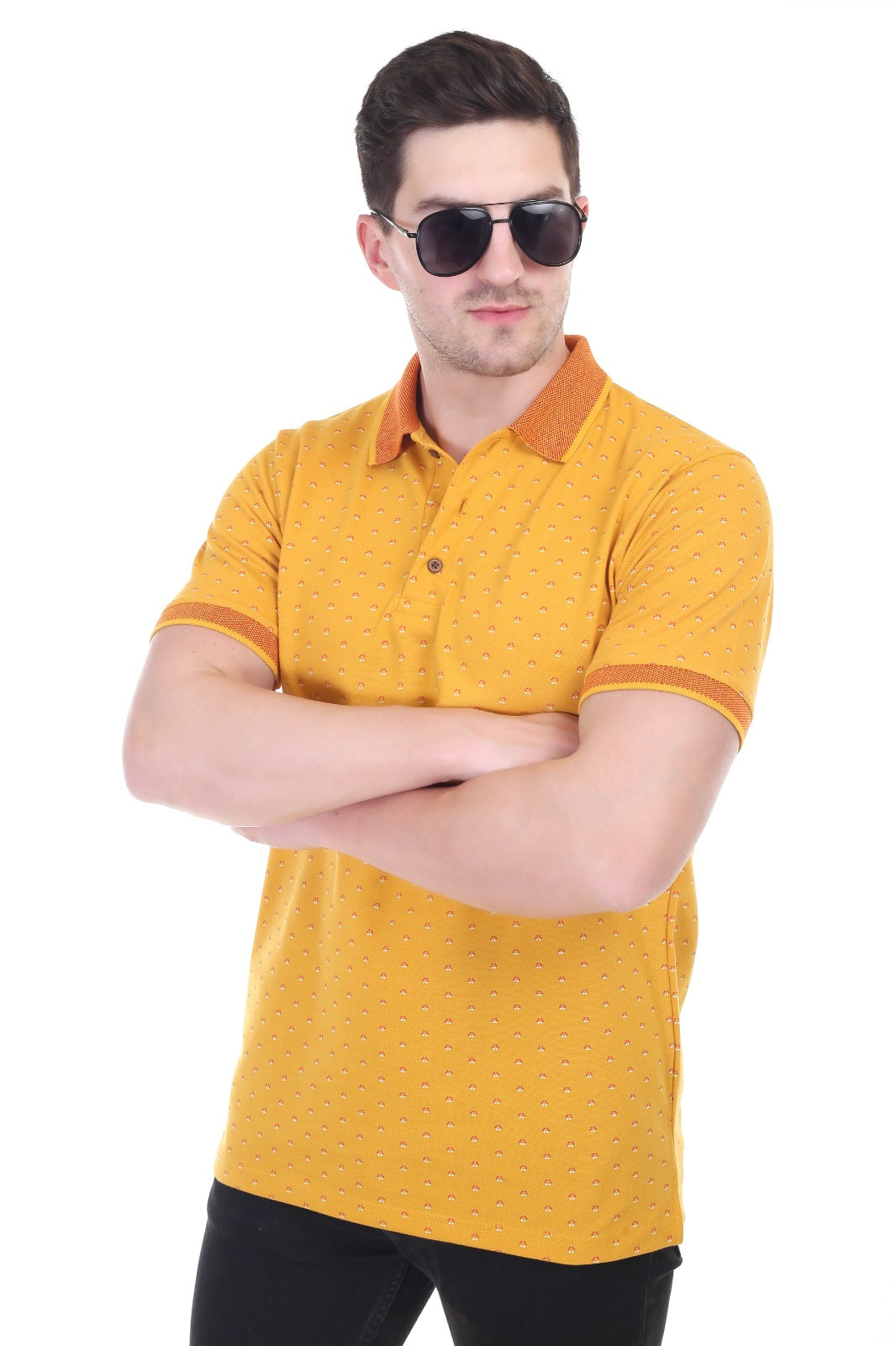 Cotton Polo Neck T-Shirt Mustard Full Printed