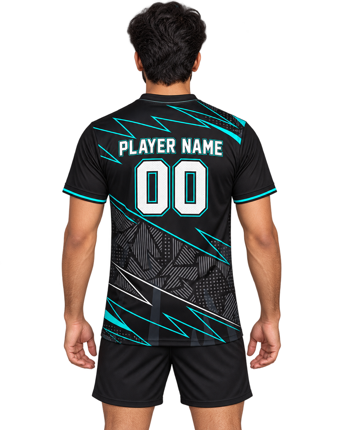 Indian male model wearing the black and teal angular V-neck sports jersey with PLAYER NAME and 00, back view