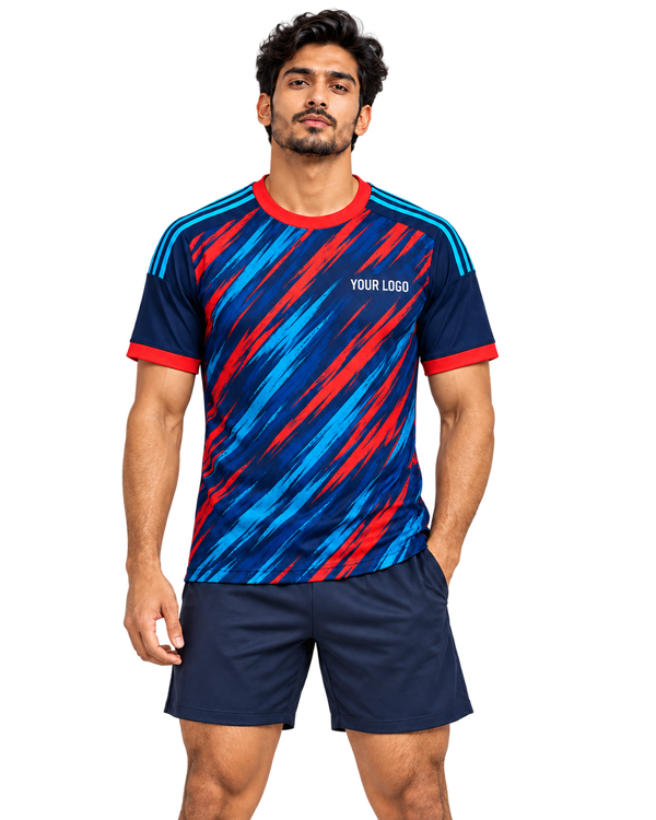 Single-model front view of Blue Tempest jersey on transparent background, plain sports shorts
