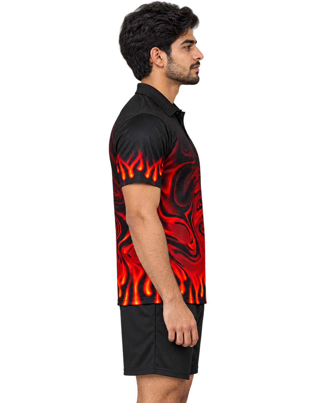 Crimson Ember flame polo right-facing profile