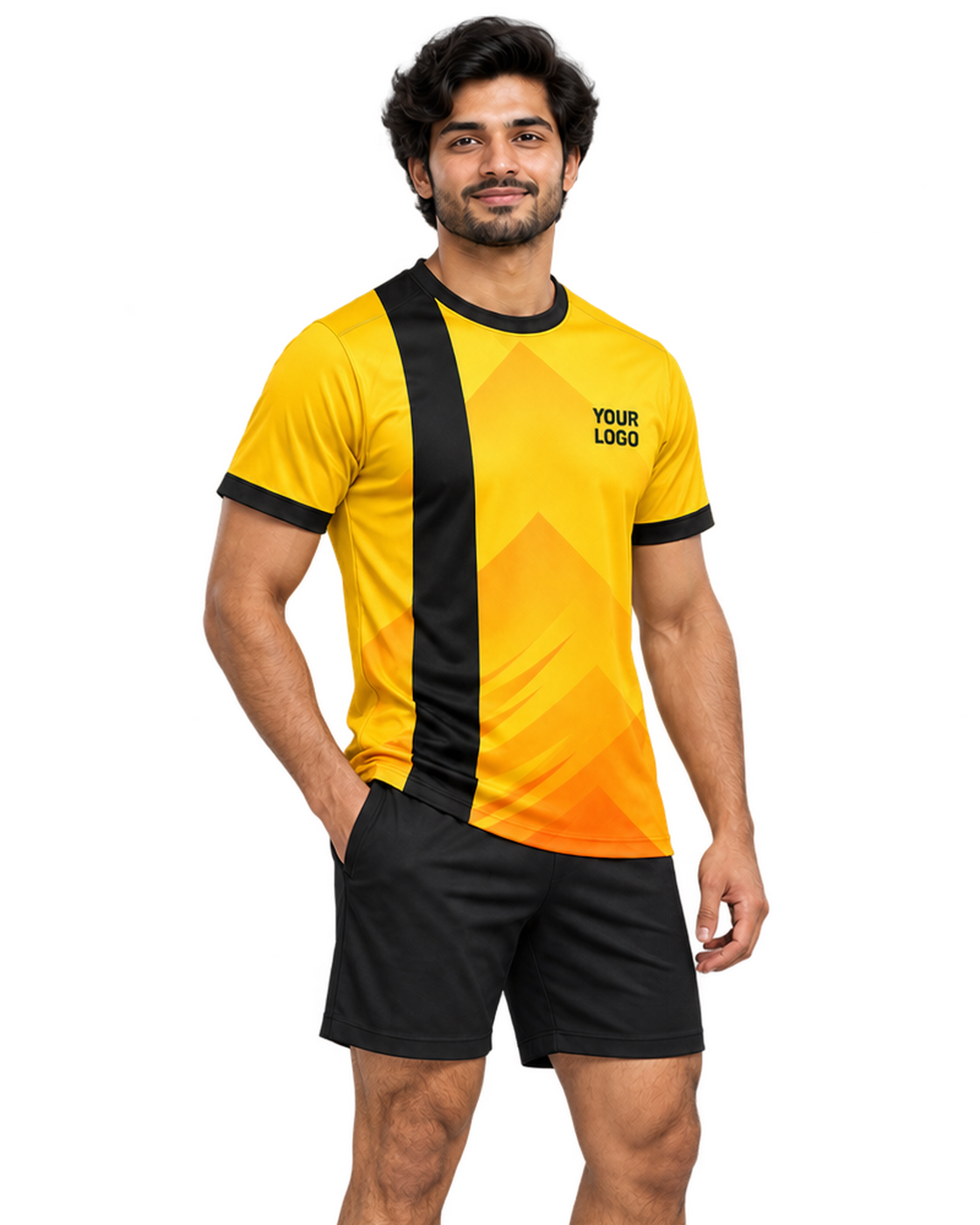 Golden Arc jersey, three-quarter model view, plain sports shorts