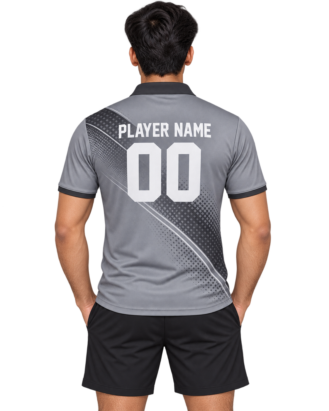 Graphite Vector grey sports polo jersey on an Indian male model wearing plain black sports shorts, back view showing custom player name and number