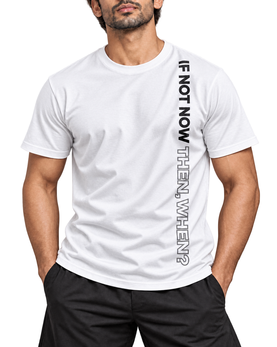 SWANKYFY If Not Now Then When white-detail, natural DTF print flowing with fabric folds, transparent background