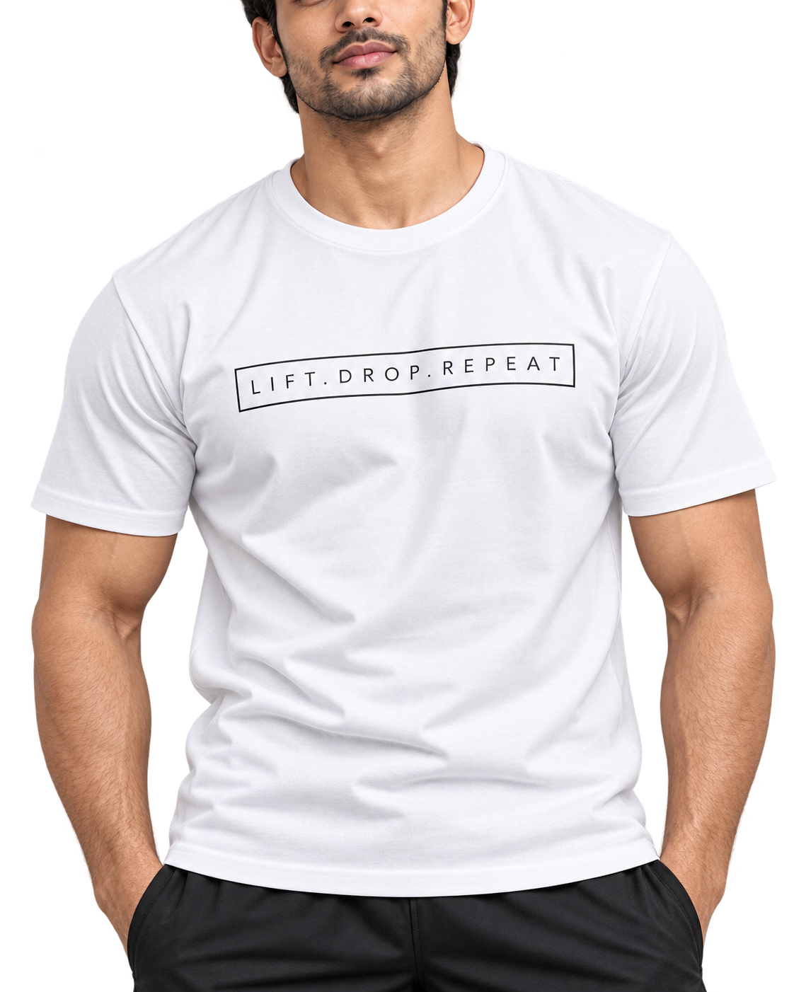 White Lift Drop Repeat T-shirt natural DTF print close-up