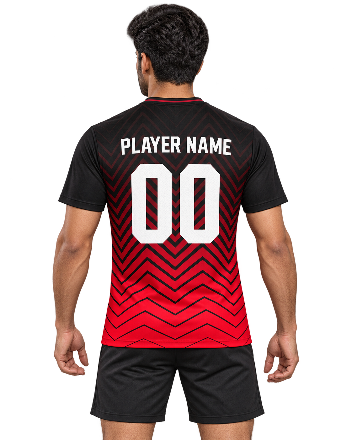 Single Indian male model wearing Scarlet Chevron jersey, back view, plain sports shorts