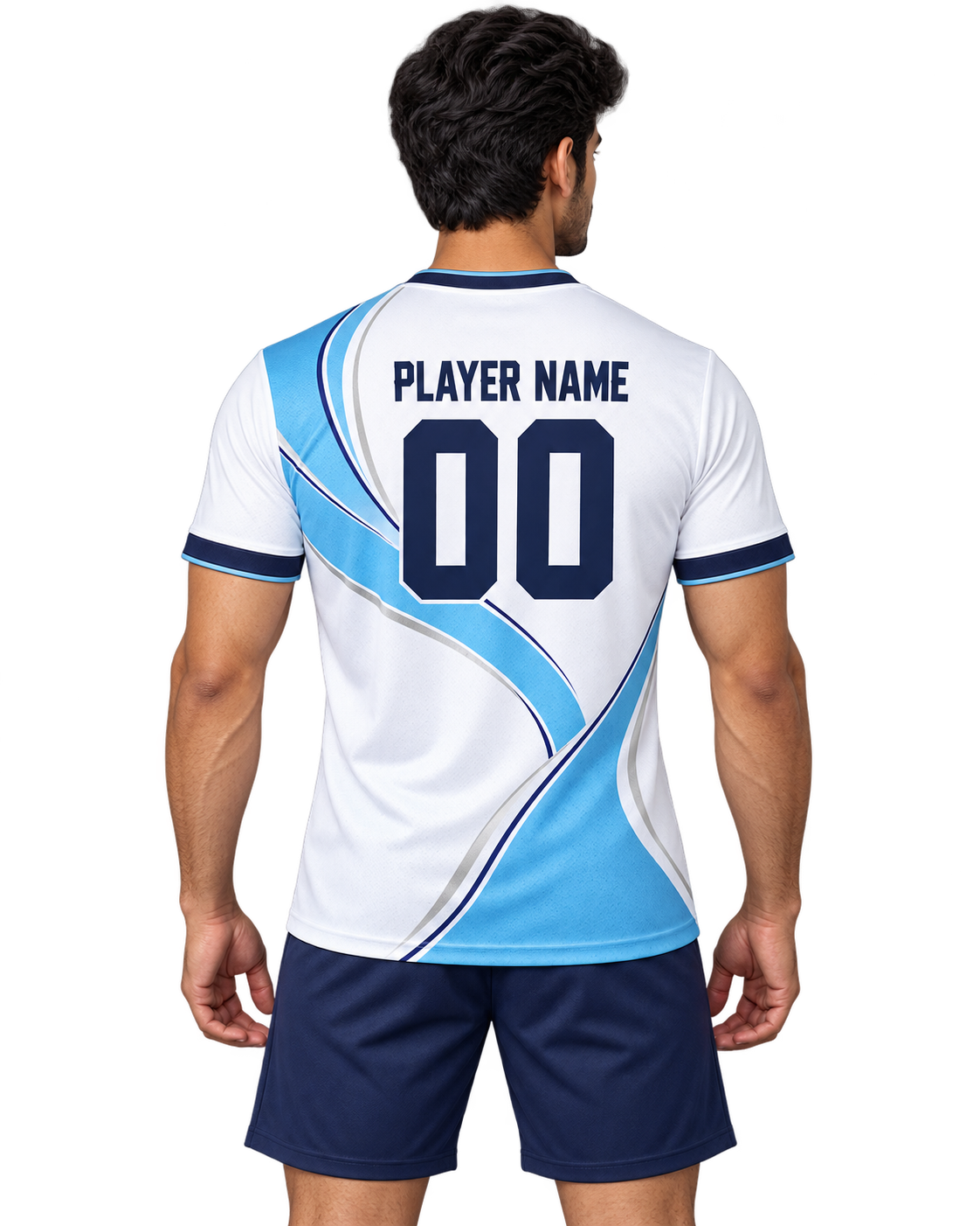 Indian male model wearing the Sky Ribbon white and sky-blue crew-neck sports jersey with plain navy shorts, back view with player name and number