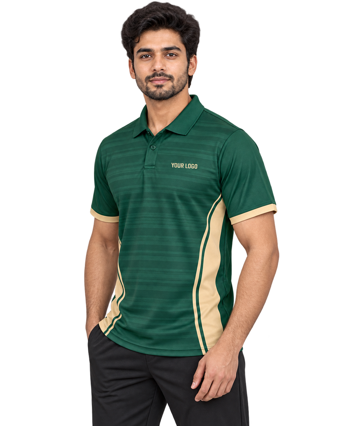 Boundary Bolt Custom Name & Number Sports Polo — single Indian male model three-quarter view