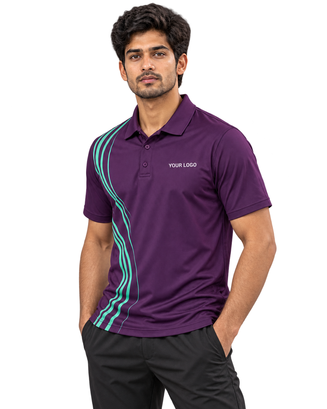 Court Current Custom Name & Number Sports Polo — single Indian male model three-quarter view
