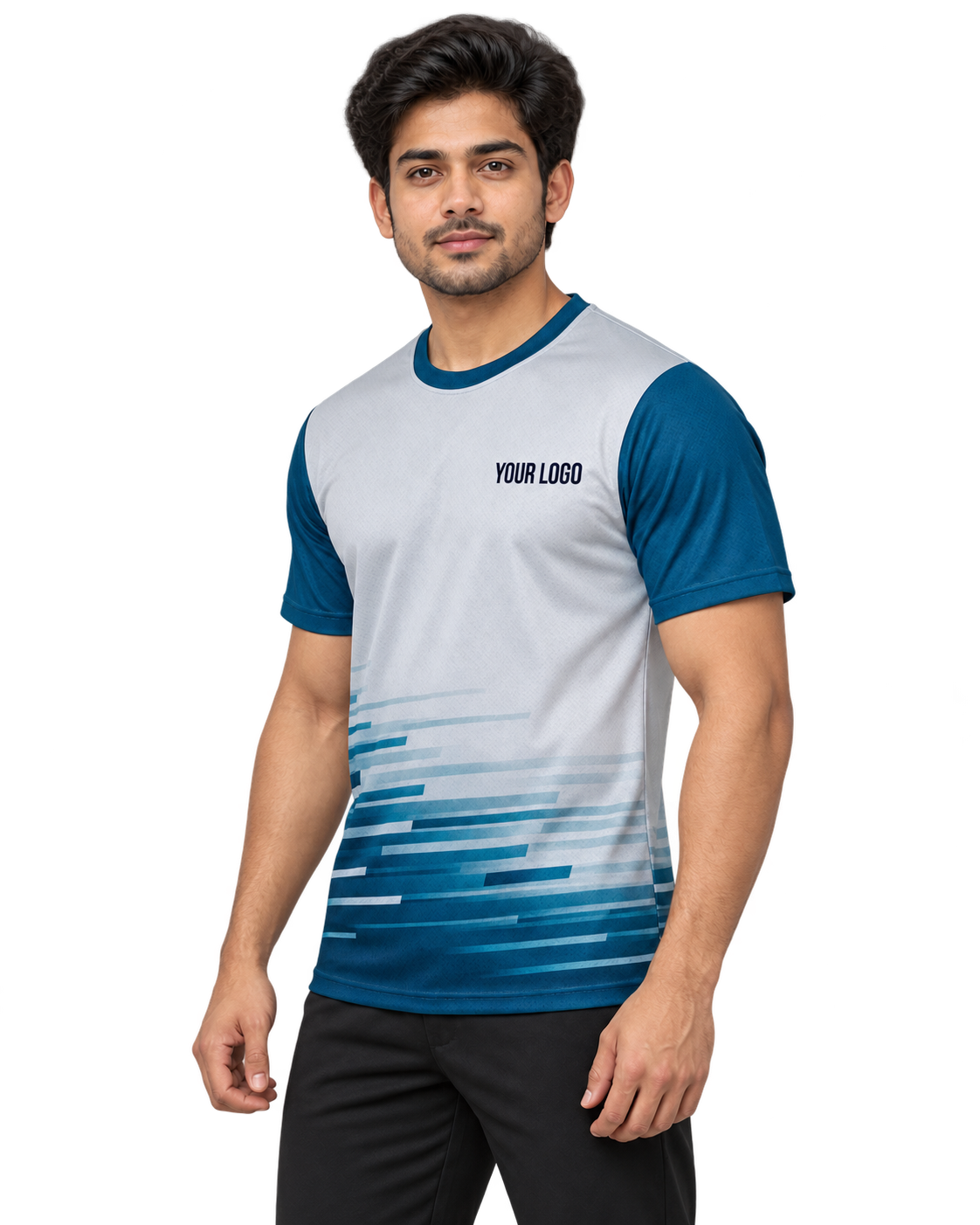 Frostline Dash Custom Name & Number Jersey — single Indian male model three-quarter view