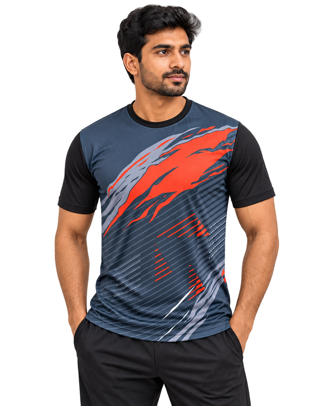 Indian male model wearing charcoal red jersey, relaxed front view