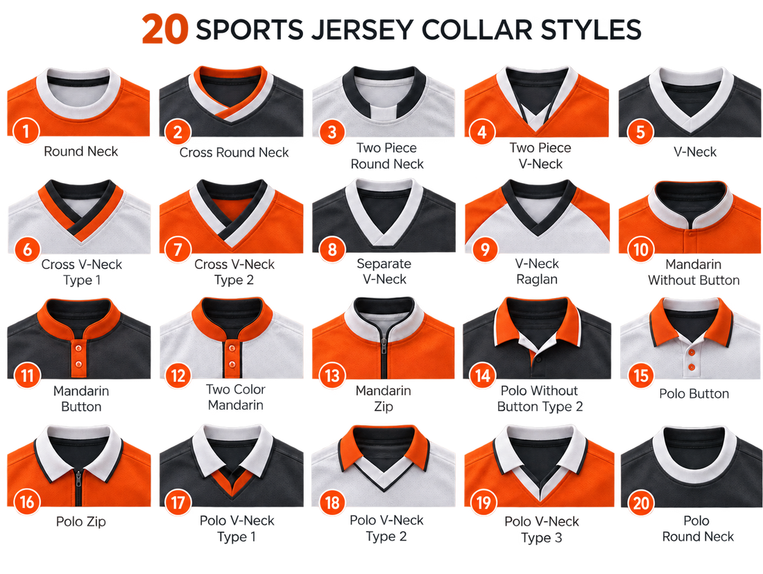 Twenty realistic sports jersey collar styles with lighter labels