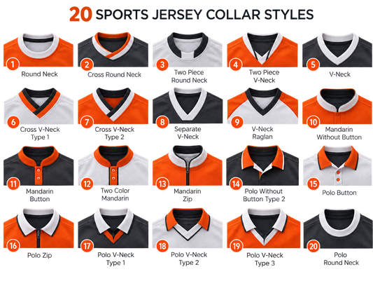 Twenty realistic sports jersey collar styles with lighter labels
