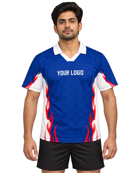 Indian male model in blue wave-pattern V-neck sports jersey, front view with plain white collar