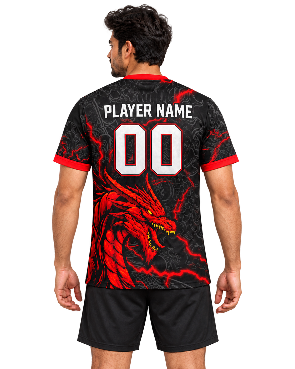 Back view of black and red dragon sports jersey with customizable name and number, on model with plain black athletic shorts