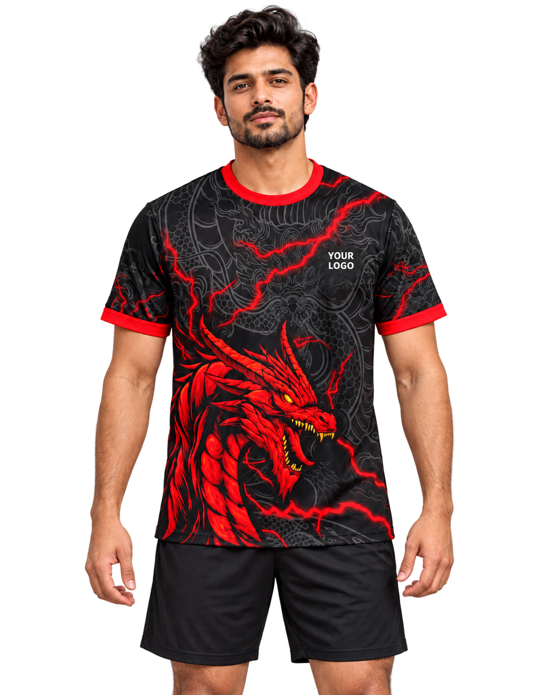 Front view of black and red dragon sports jersey on model with plain black athletic shorts