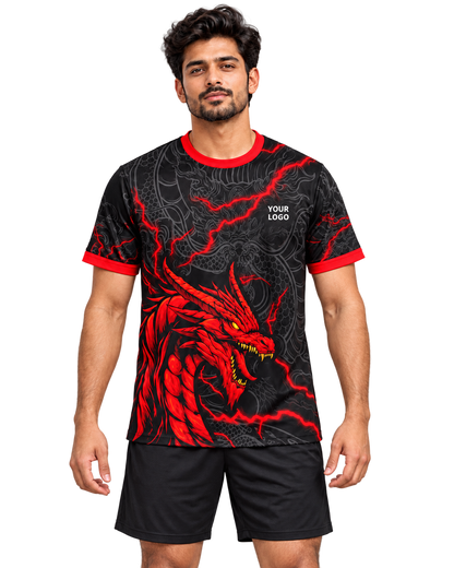 Front view of black and red dragon sports jersey on model with plain black athletic shorts