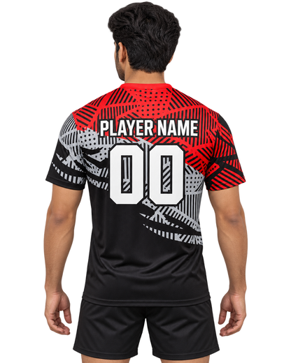 Back model photo of geometric custom sports jersey with PLAYER NAME and number 00, plain black sports shorts