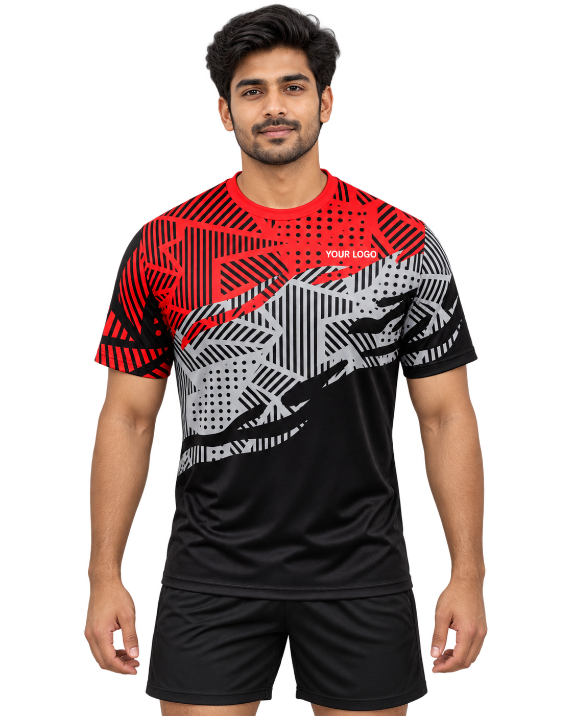Front model photo of red, grey and black geometric custom sports jersey with plain black sports shorts