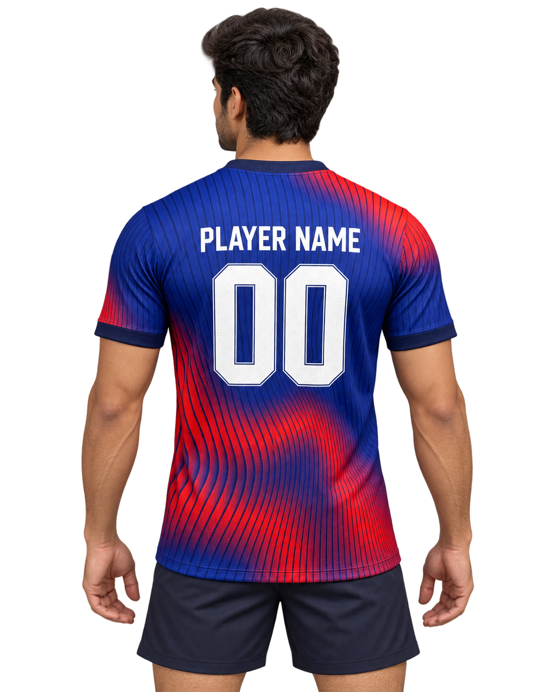 Back model photo of blue and red ribbed sports jersey with PLAYER NAME and number 00, plain dark sports shorts
