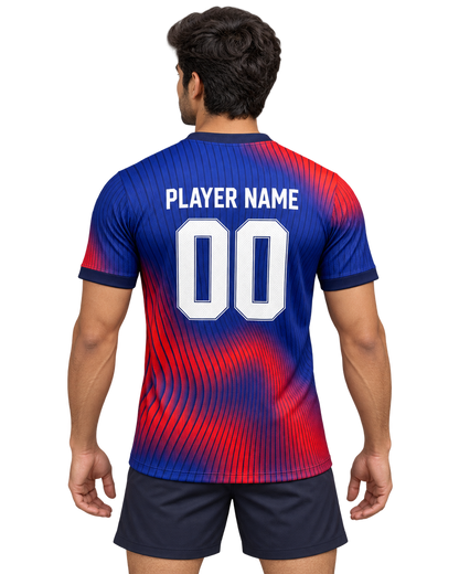 Back model photo of blue and red ribbed sports jersey with PLAYER NAME and number 00, plain dark sports shorts