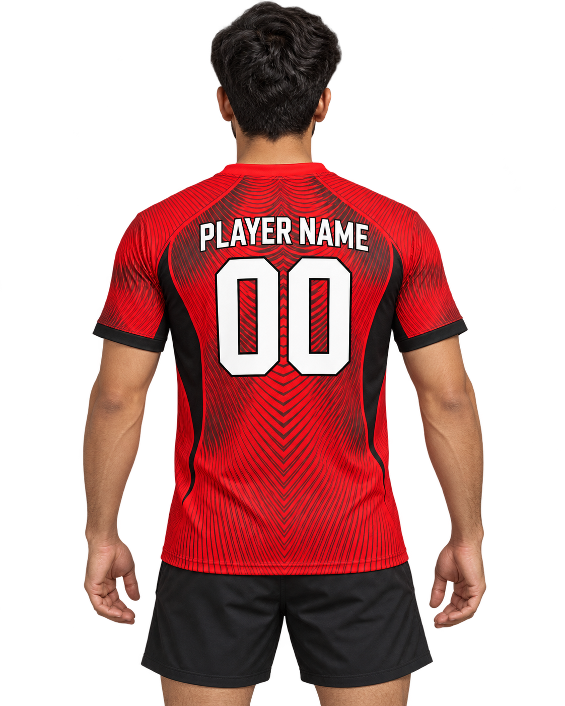 Back model photo of red and black wave pinstripe jersey with PLAYER NAME and number 00