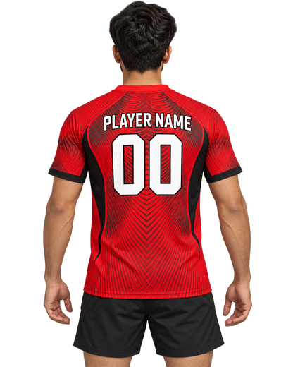 Back model photo of red and black wave pinstripe jersey with PLAYER NAME and number 00