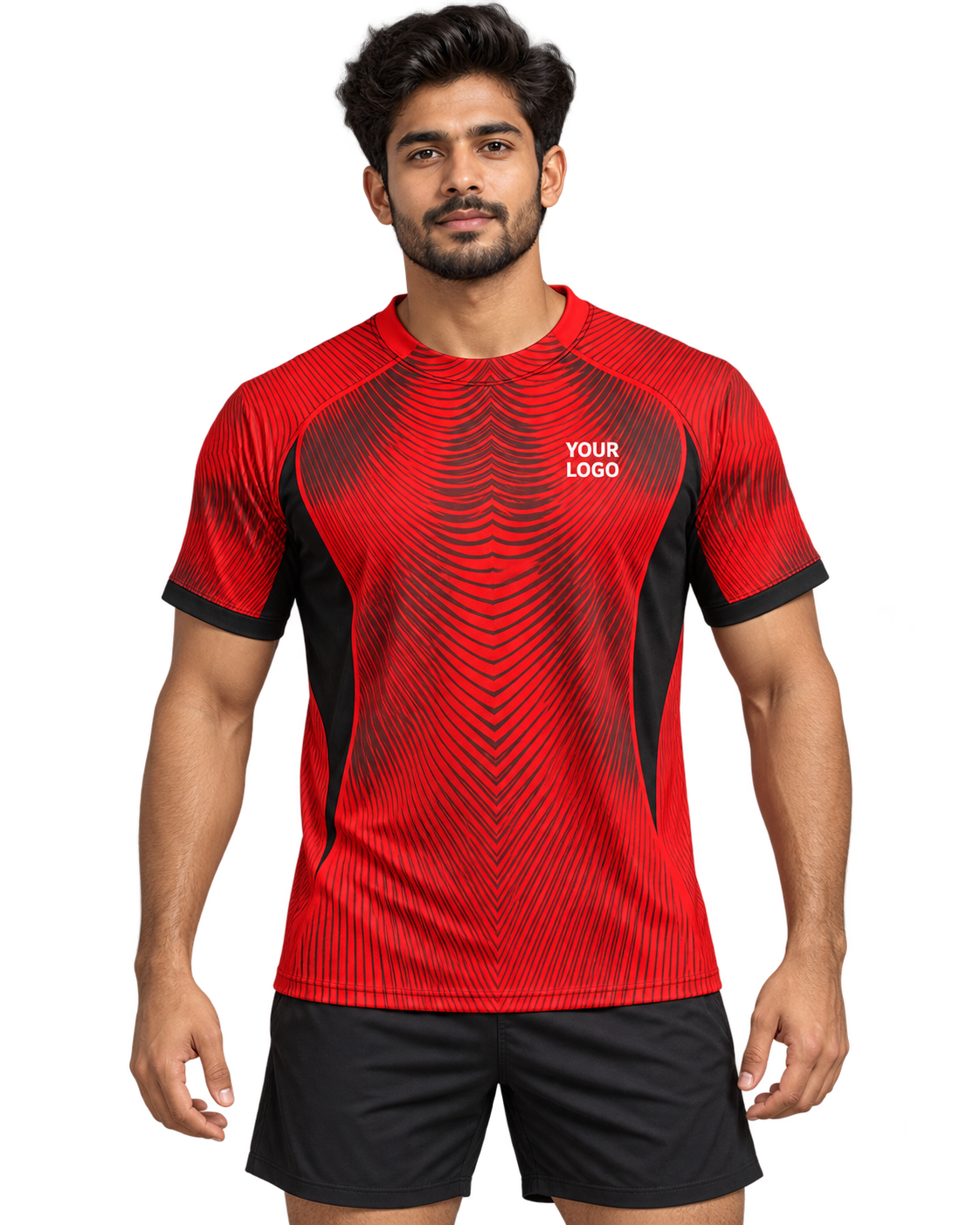 Front model photo of red and black wave pinstripe custom sports jersey with plain black sports shorts