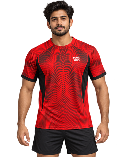 Front model photo of red and black wave pinstripe custom sports jersey with plain black sports shorts