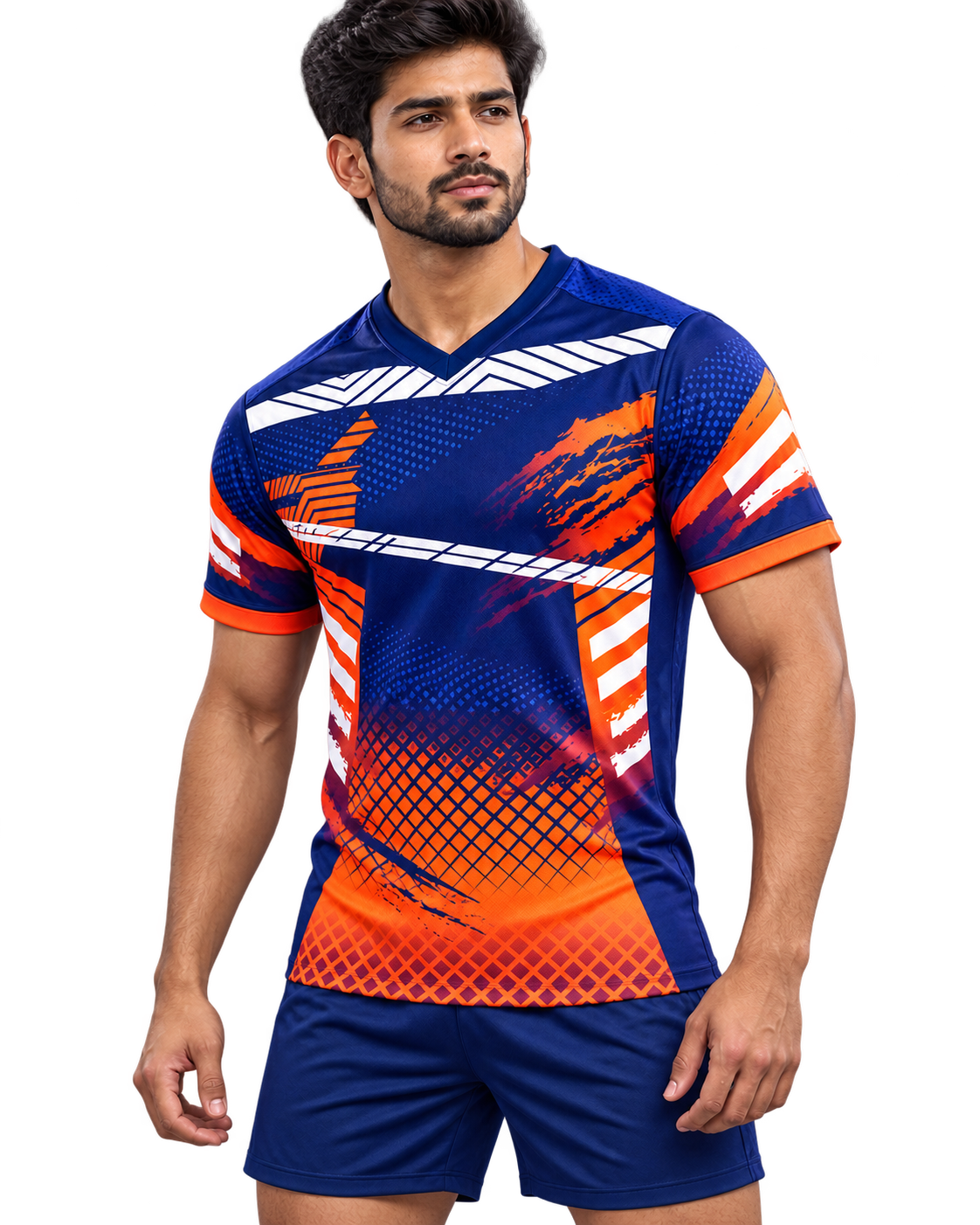 Three quarter front view of navy and orange sports jersey on model with plain navy shorts