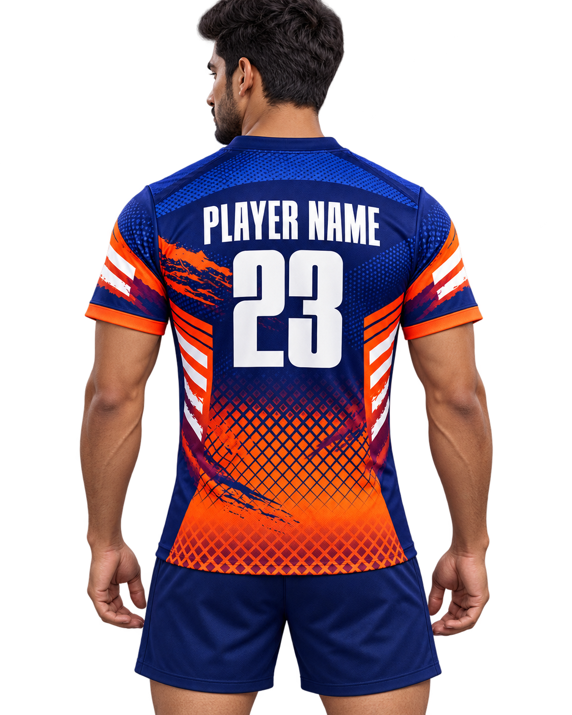 Back view of navy and orange custom sports jersey with PLAYER NAME 23 on model
