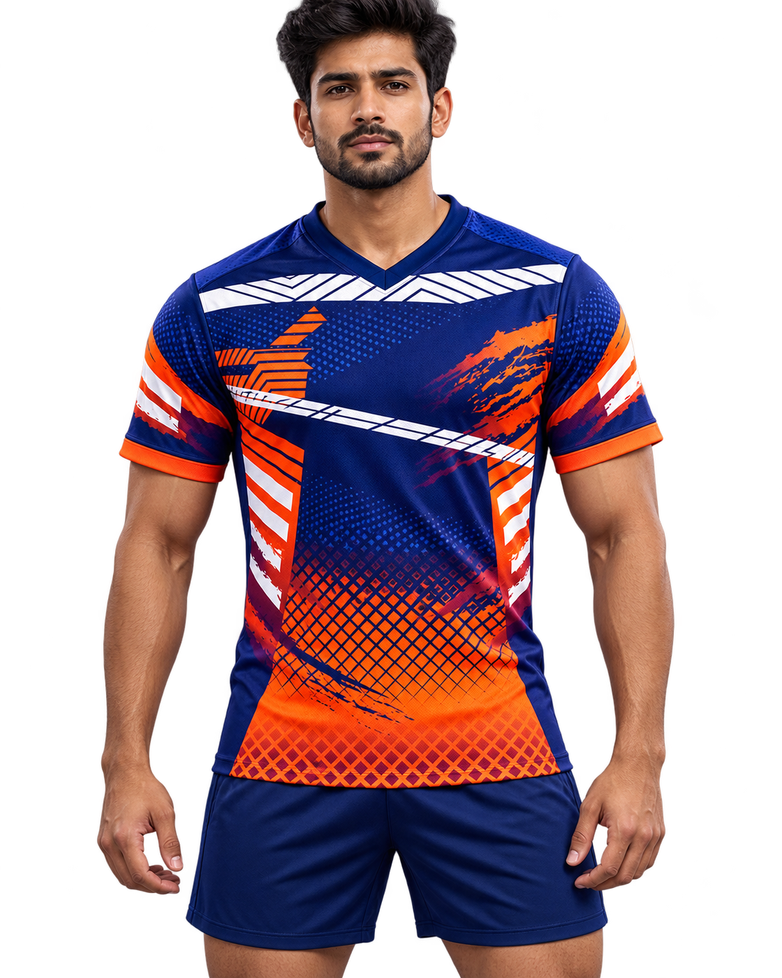 Front view of navy and orange custom sports jersey on model with plain navy sports shorts