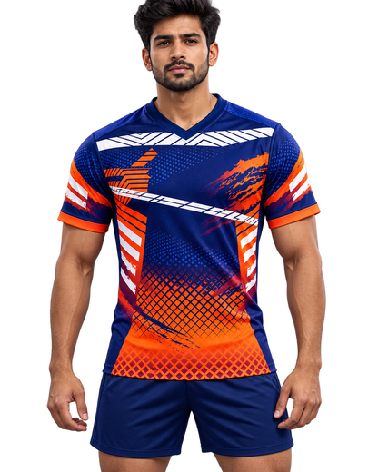 Front view of navy and orange custom sports jersey on model with plain navy sports shorts