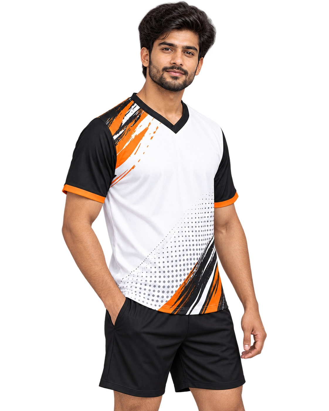 Three-quarter model view of white black and orange V-neck sports jersey and plain black shorts