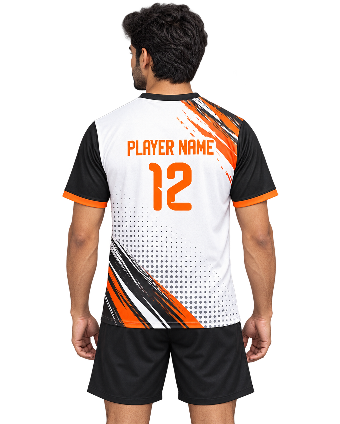 Back model view of white black and orange sports jersey showing PLAYER NAME and number 12