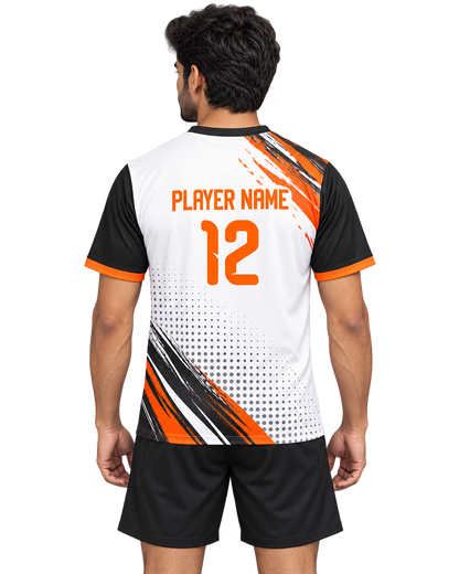 Back model view of white black and orange sports jersey showing PLAYER NAME and number 12