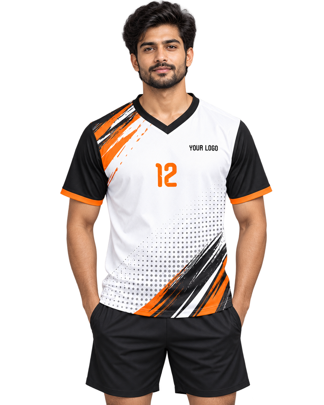 Front model view of white black and orange V-neck sports jersey with plain black sports shorts