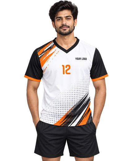 Front model view of white black and orange V-neck sports jersey with plain black sports shorts