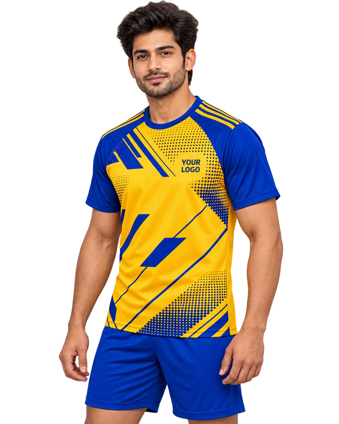 Three-quarter view of yellow and royal-blue sports jersey on model in plain blue shorts