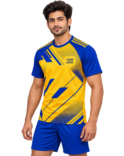 Three-quarter view of yellow and royal-blue sports jersey on model in plain blue shorts