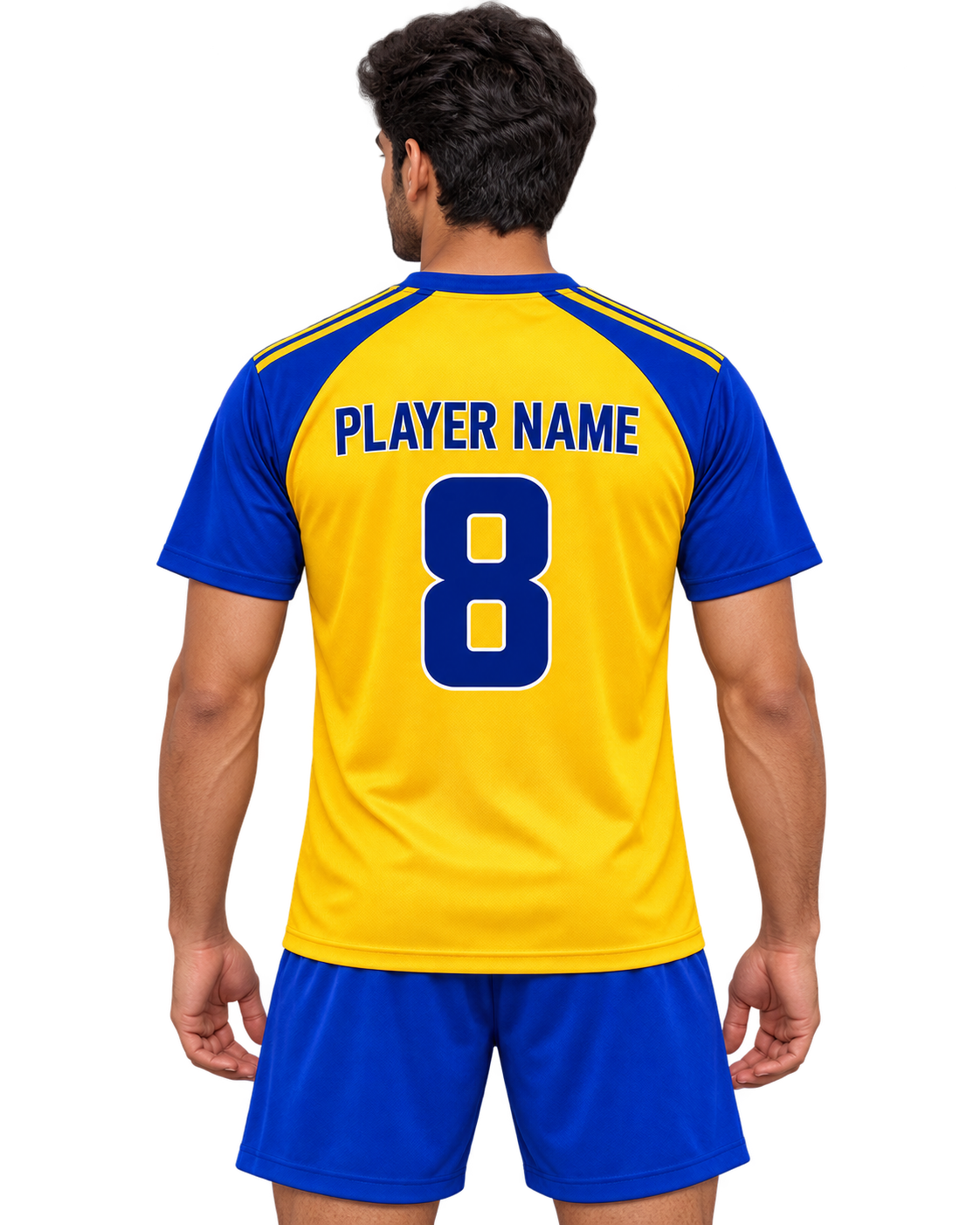 Back model view of yellow and royal-blue sports jersey with PLAYER NAME and number 8